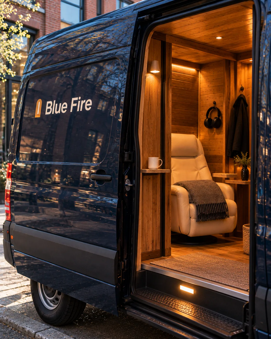 The open door of the Blue Fire van at an office front door. Inside, a wood booth with a chair, a wool blanket, and a cup.