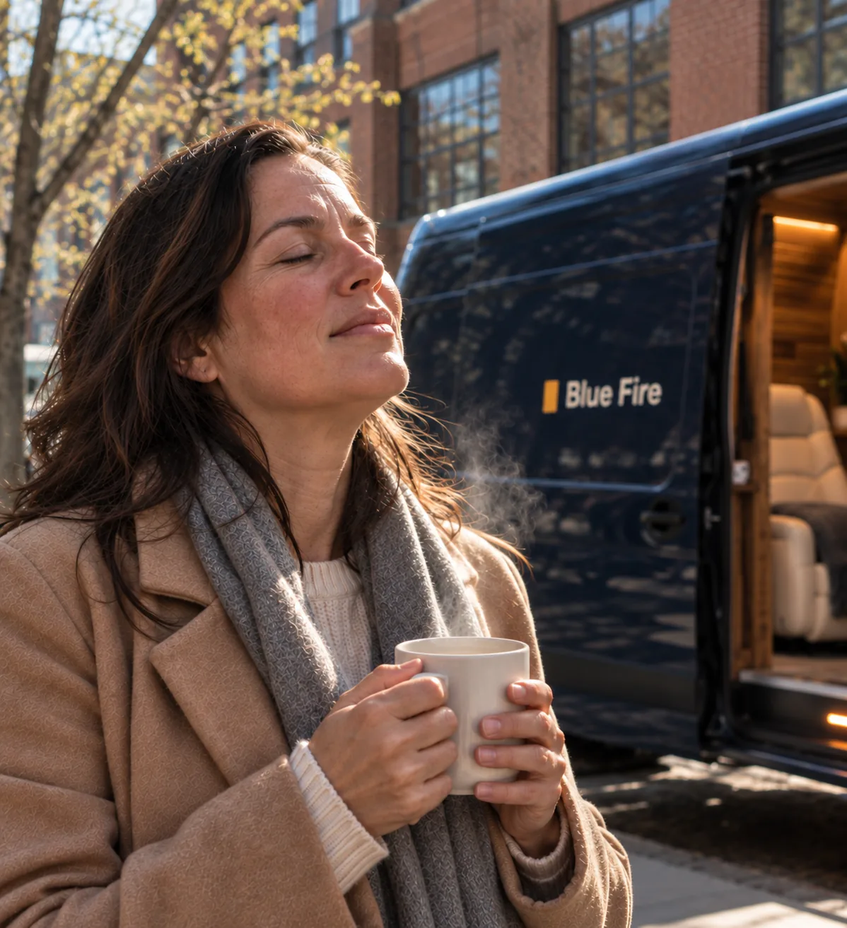 A woman in a coat stands by the van with her eyes closed, holding a warm cup.