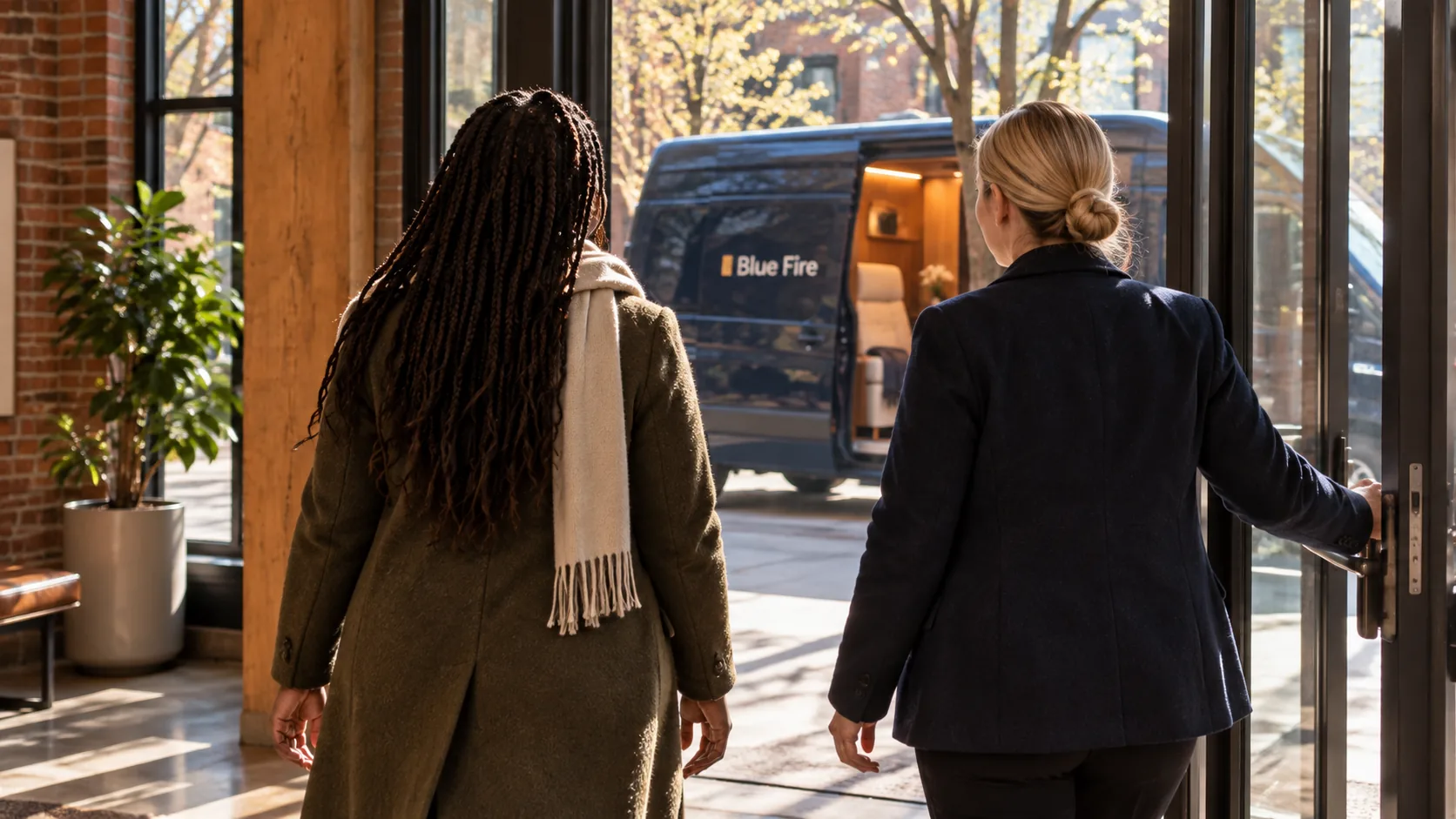 A host holds the front door open for a woman in a green coat. The van is outside.