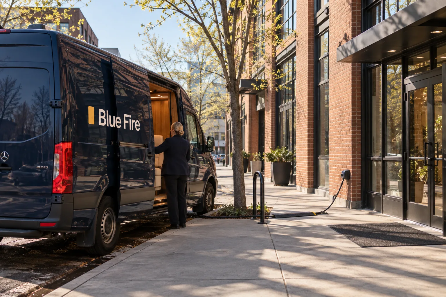 The van parked in front of an office building, plugged into an outlet on the wall.