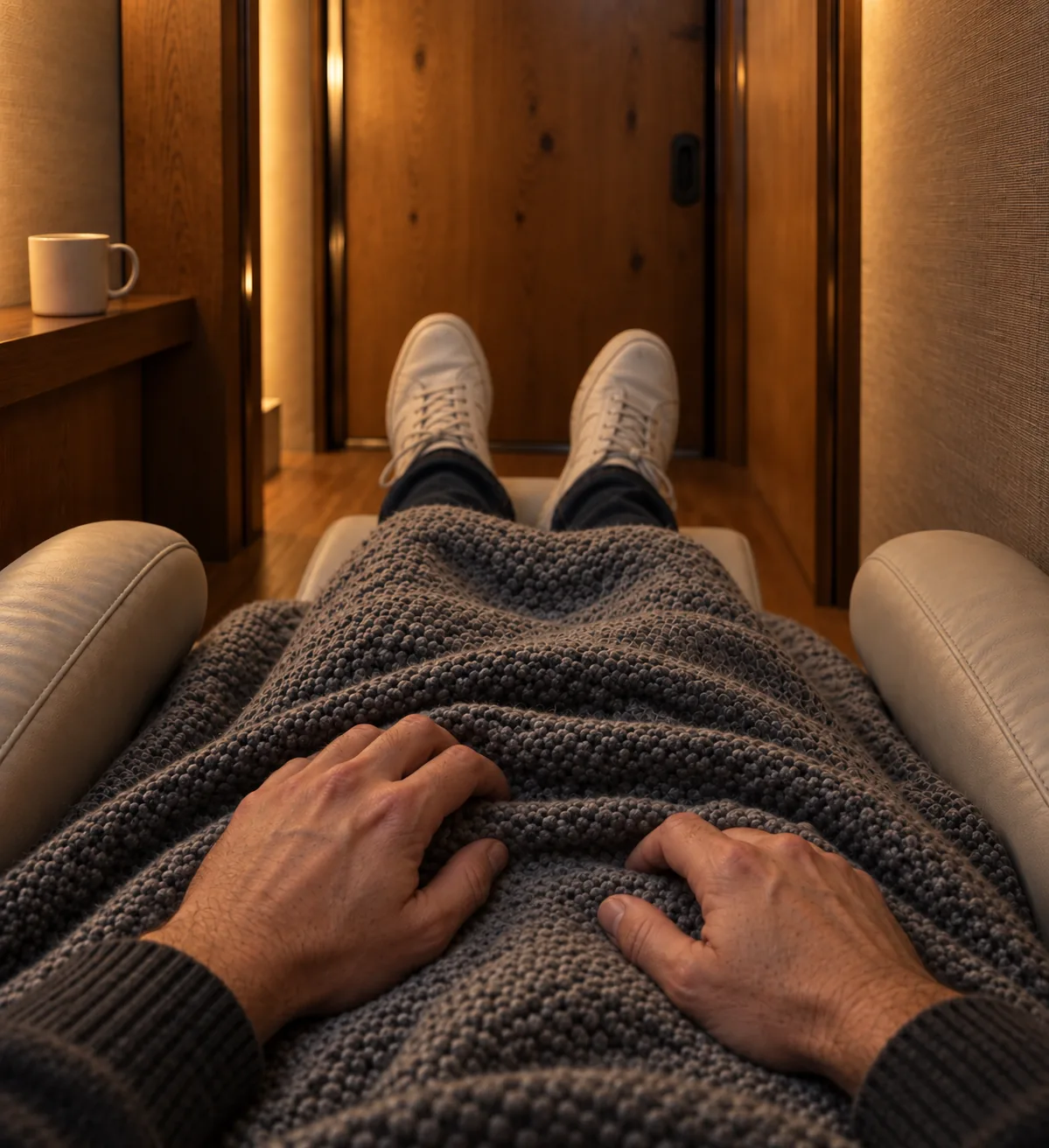 The view from the chair: hands resting on a wool blanket, feet up, and the booth door closed.