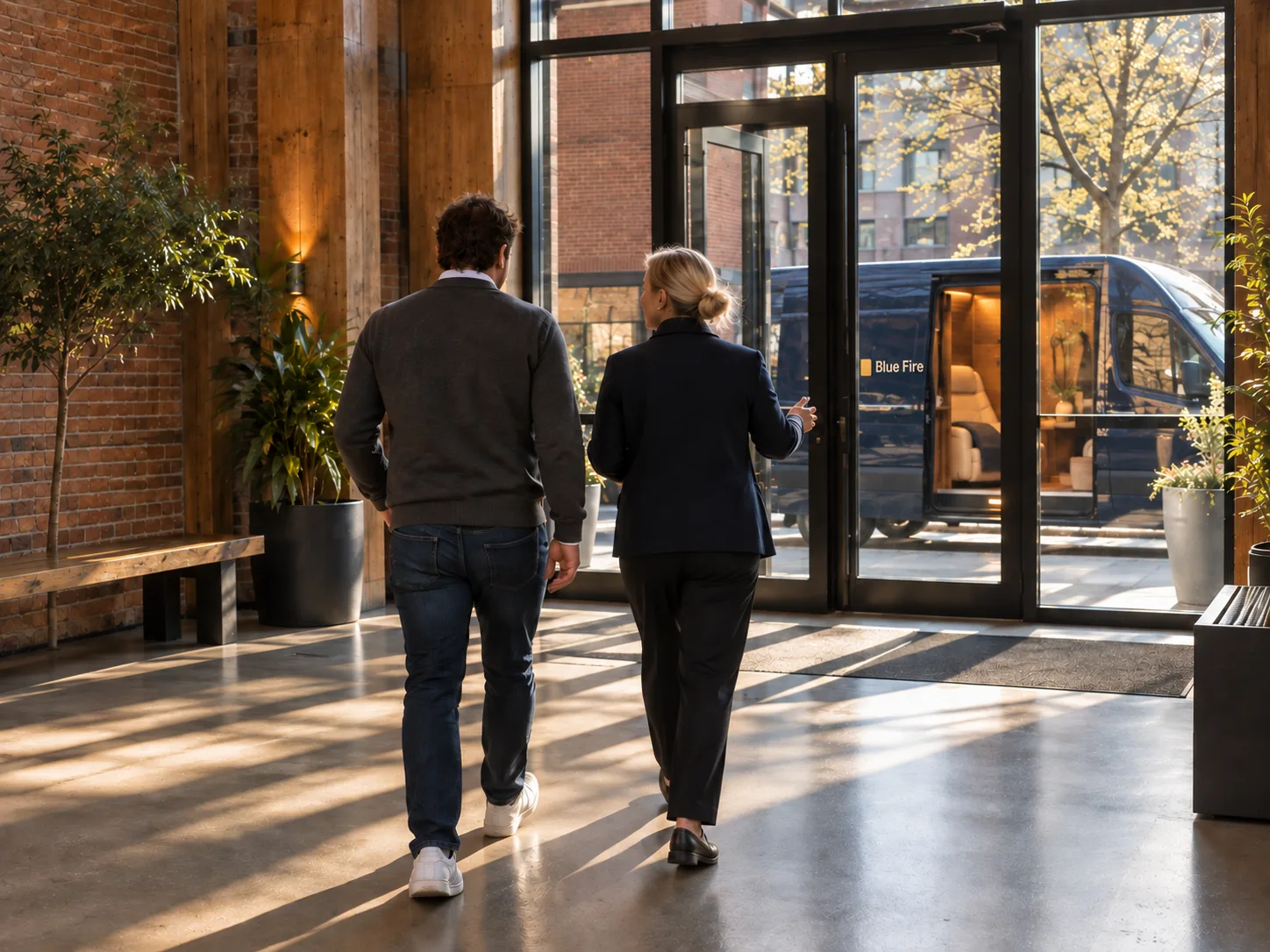 A host walks an office worker through the lobby toward the front doors. The van is outside.