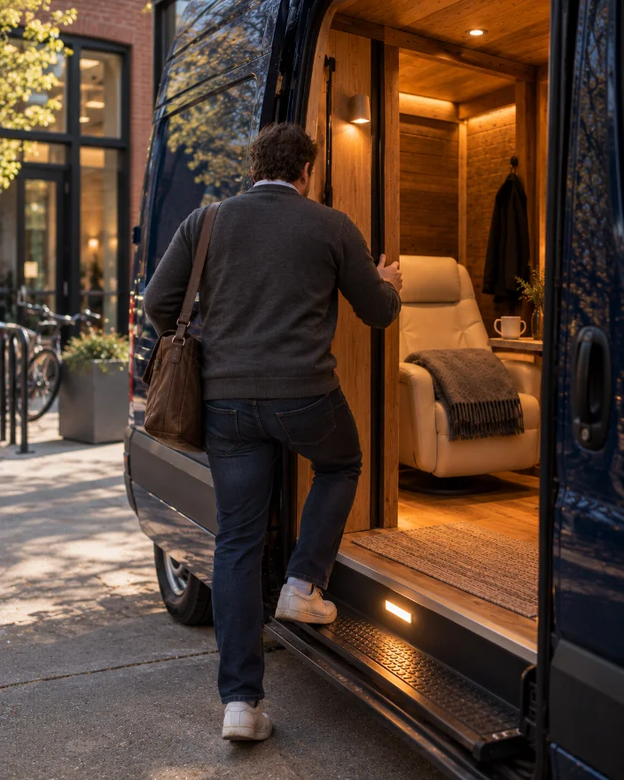 The van at the office door in fall.