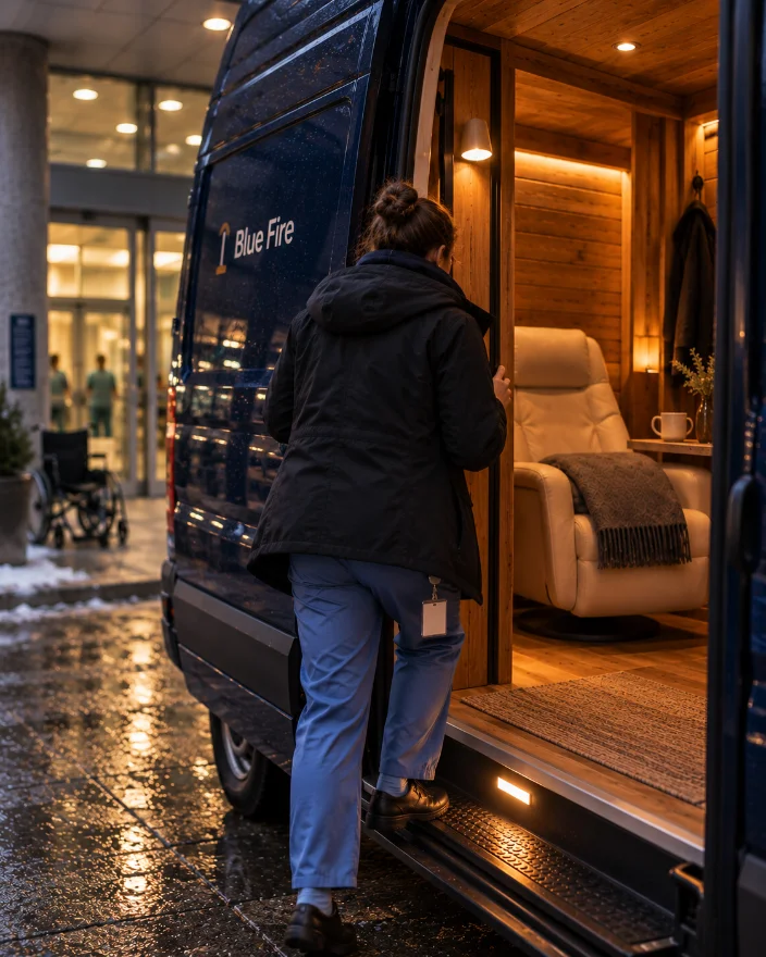 The open van door with the booth inside.
