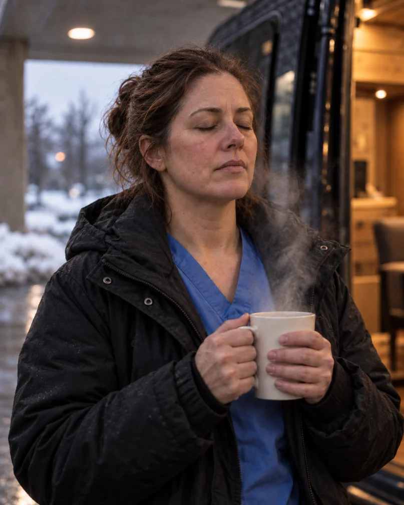 A nurse in a winter coat stands by the van with her eyes closed, holding a warm cup.