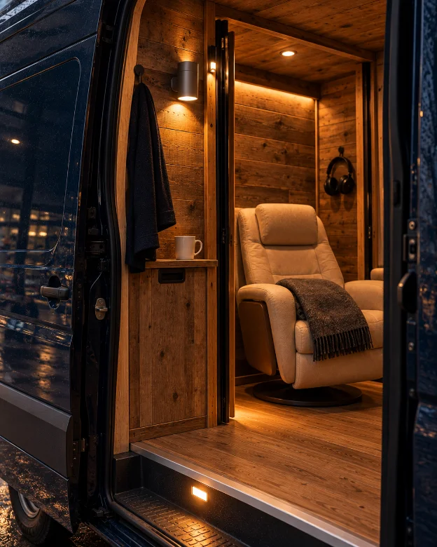 The open door of the Blue Fire van at a hospital entrance. Inside, a wood booth with a chair, a wool blanket, and a cup.