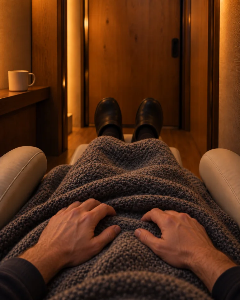 The view from the chair. A wool blanket over the lap, feet up, the booth door closed.
