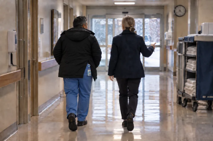 A host walks a nurse in a winter coat down a hospital hallway toward the doors.