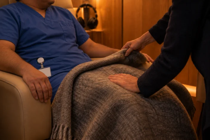 A host tucks a wool blanket over a nurse sitting back in the chair.