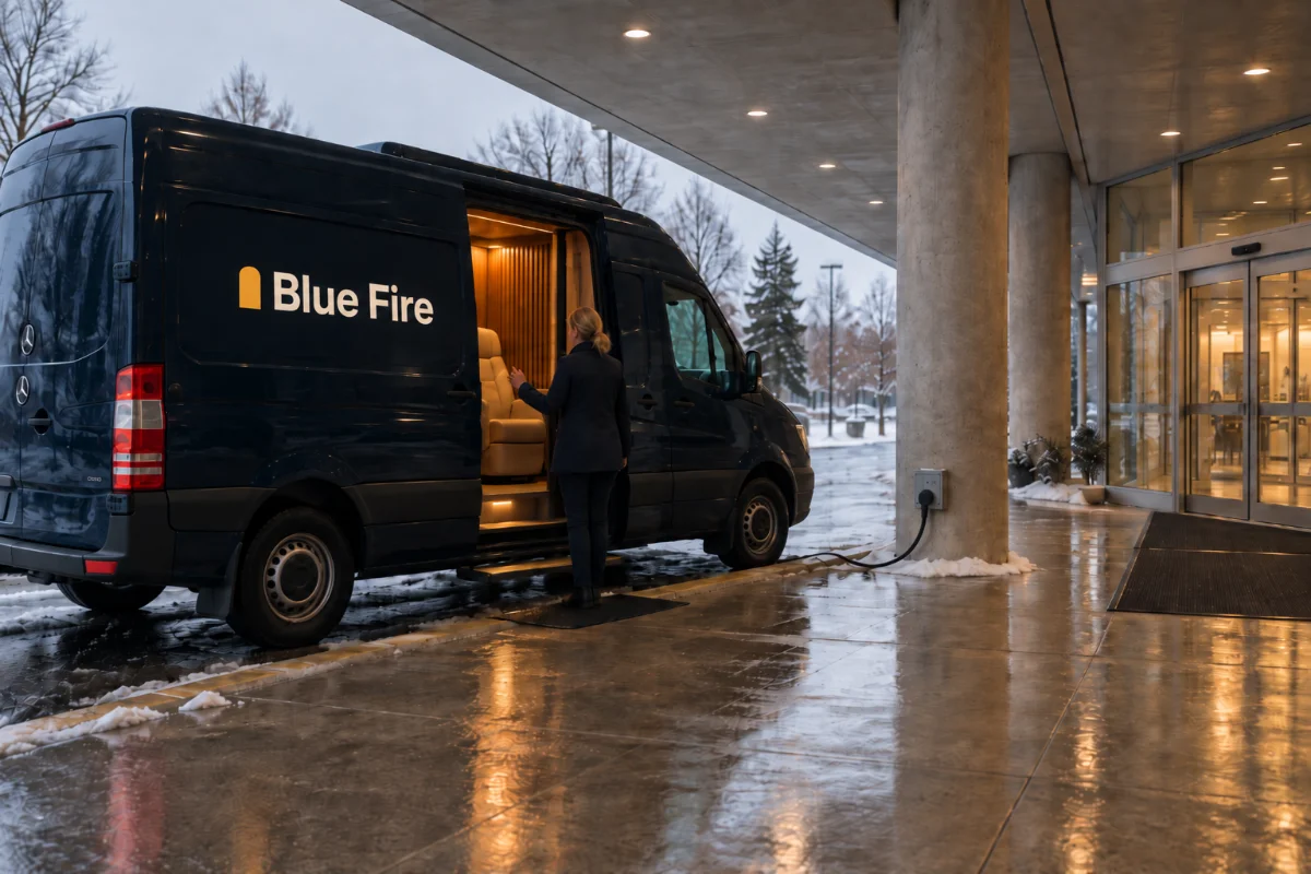 The van parked under a covered hospital entrance, plugged into an outlet on a pillar.