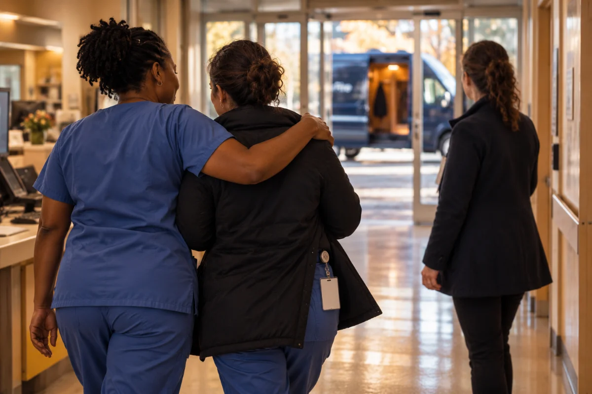 A charge nurse walks a nurse toward the doors with an arm around her shoulders. The host walks ahead, and the van waits outside.